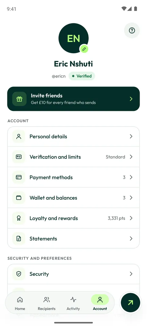 Arro Account screen. Profile, verification and limits, payment methods, rewards and security.