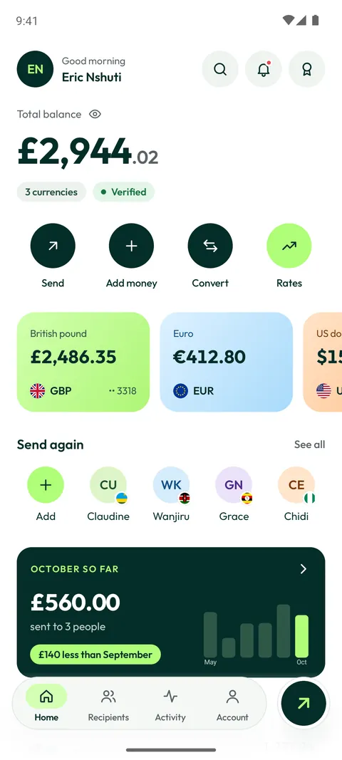 Arro Home screen with a £2,944.02 total balance, currency cards and quick actions