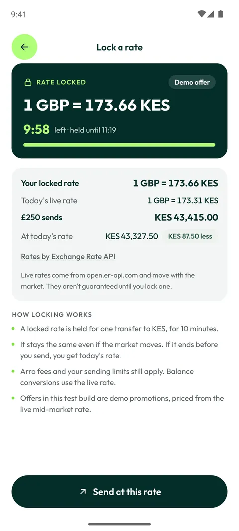 Rate locked: 1 GBP = 173.66 KES with 9:58 left, ready to send at this rate