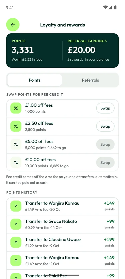 Arro Loyalty and rewards screen. Points per transfer, referral earnings and points swapped for fee credit.