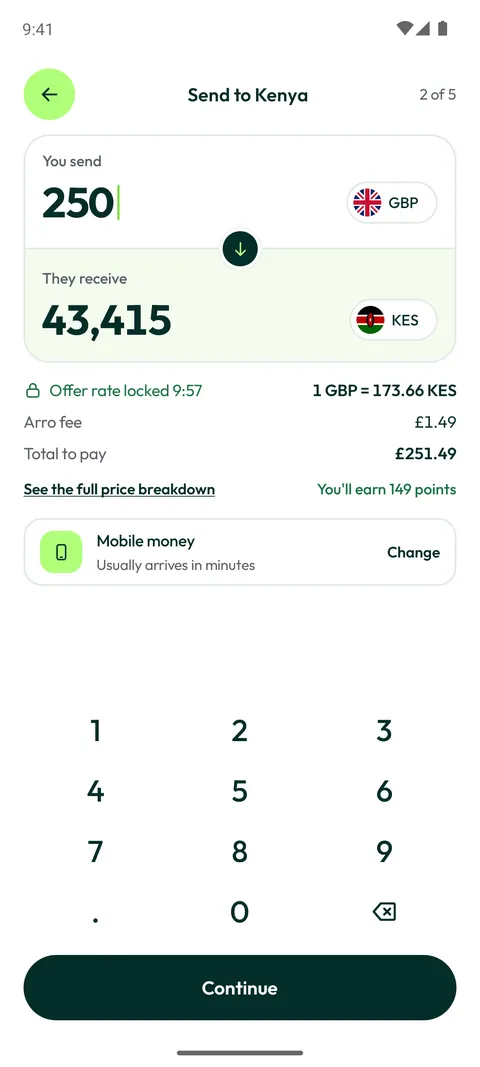 Arro send money screen: 250 GBP sends 43,415 KES